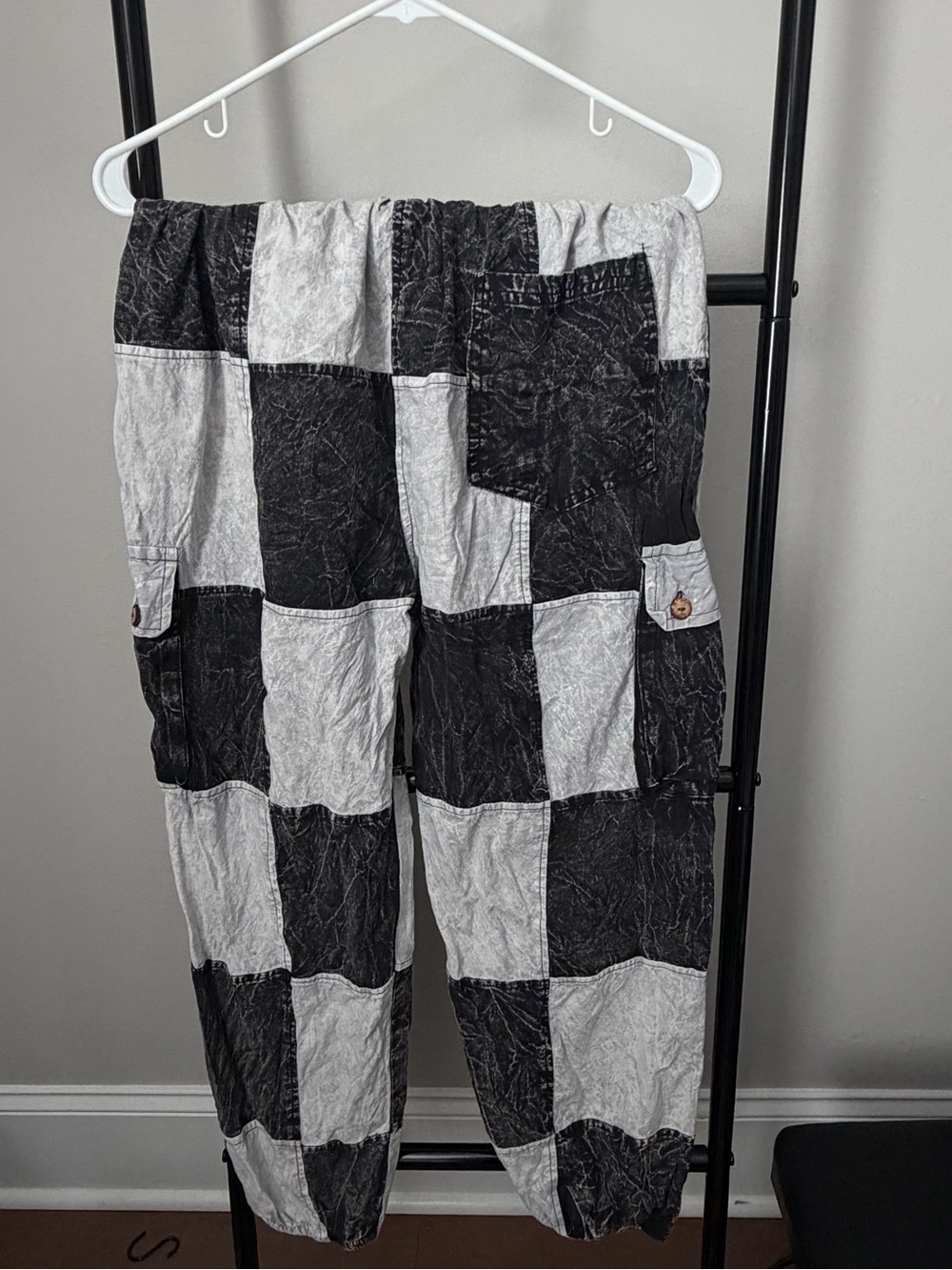 Rising International Patchwork Cargo Jogger Pants Black White Acid Wash M - Picture 2 of 9